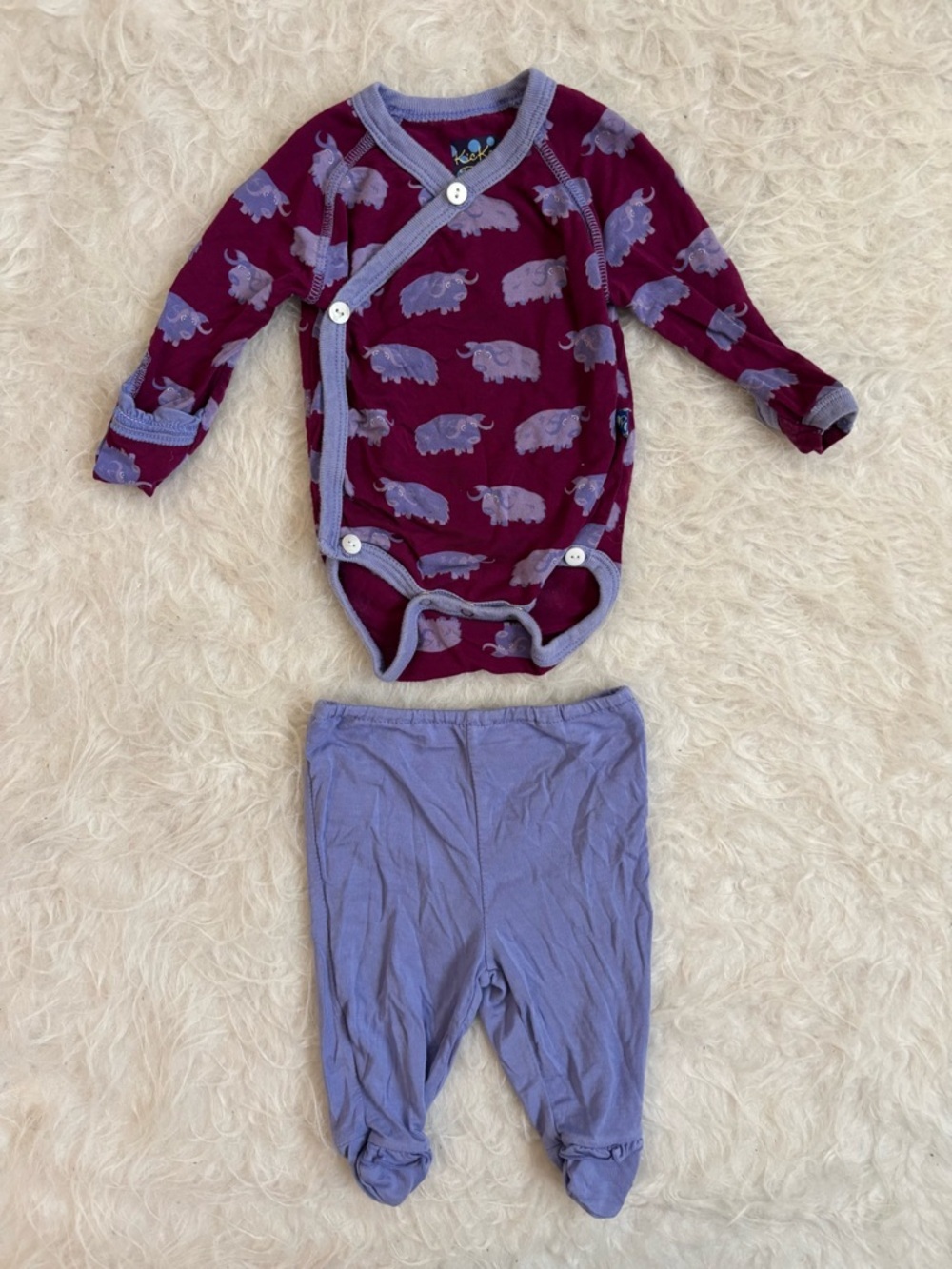 Kickee Pants Baby Bamboo Maroon & Lavender Yak AOP Wrap Bodysuit & Jogger Set